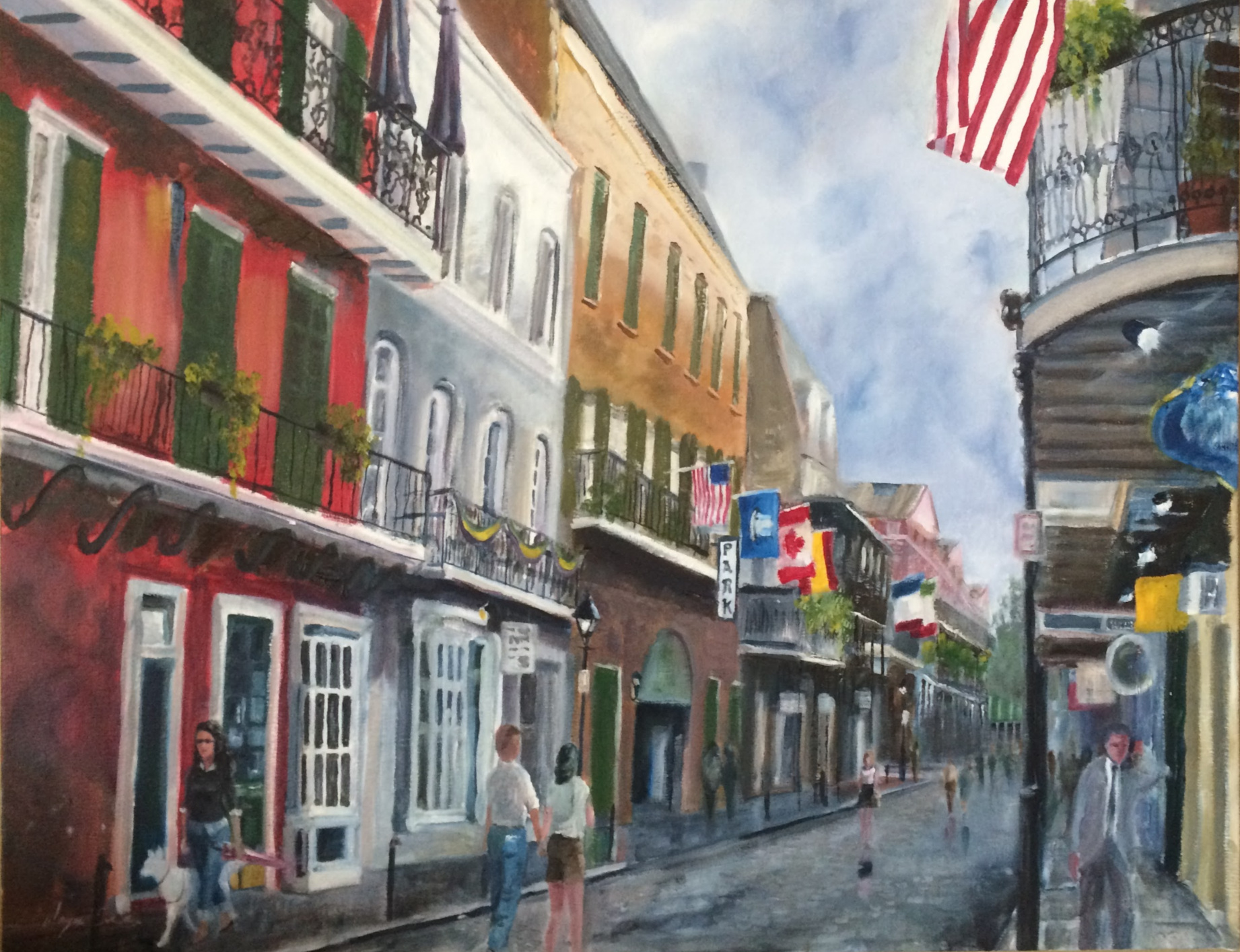 City of Color &mdash; New Orleans street scene with colorful historic buildings and balconies